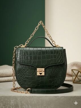 HideSign Classic Croc-Embossed Dark Green Top-Handle Bag